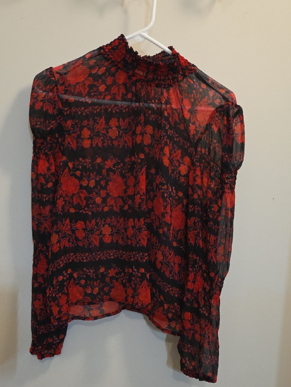 BB Dakota by Steve Madden Black Sheer Blouse with Red Floral Print (A105)